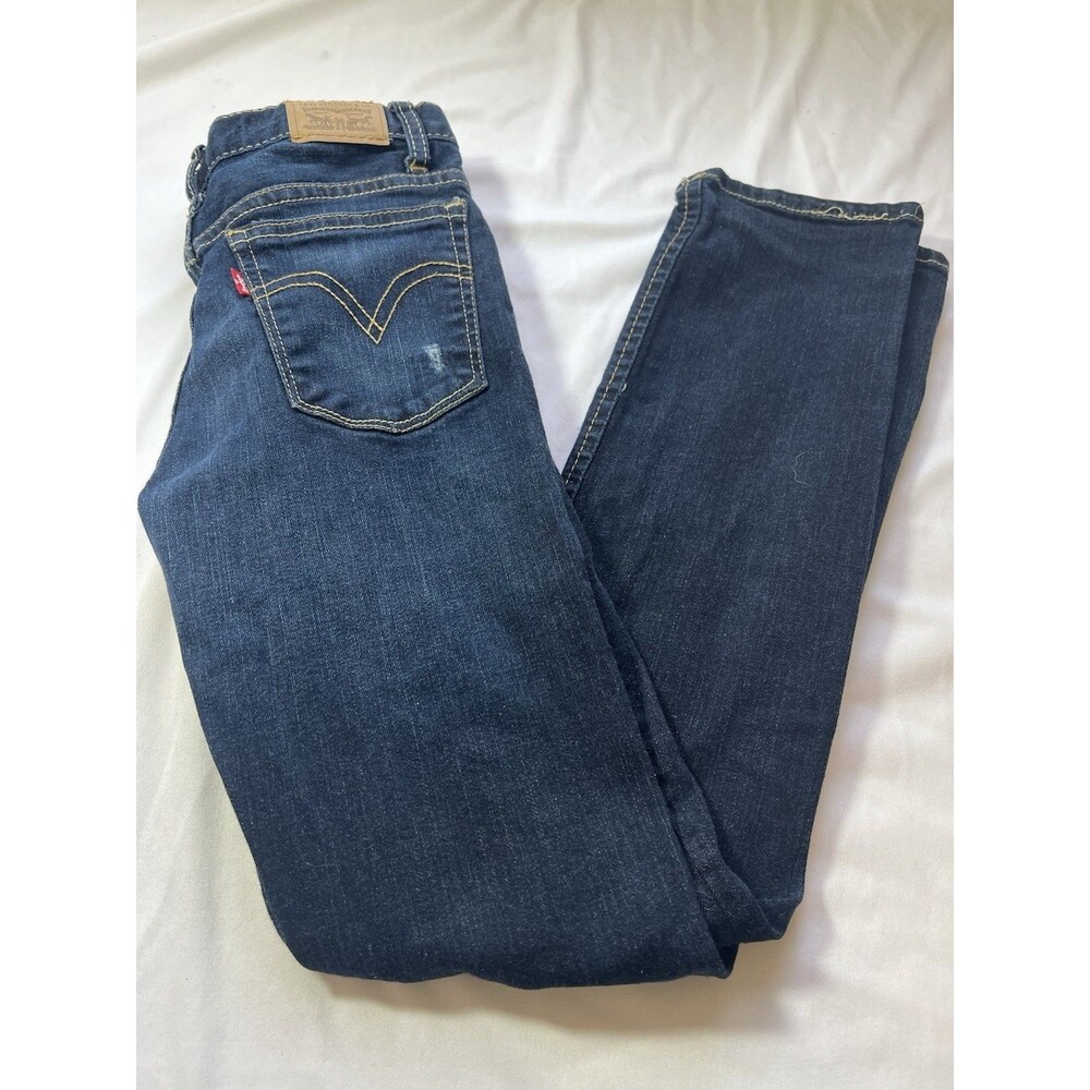 Levis Girlfriend Mid Rise Stretch Girls Jeans Adj Waist, Size 16 Dark‎ Wash